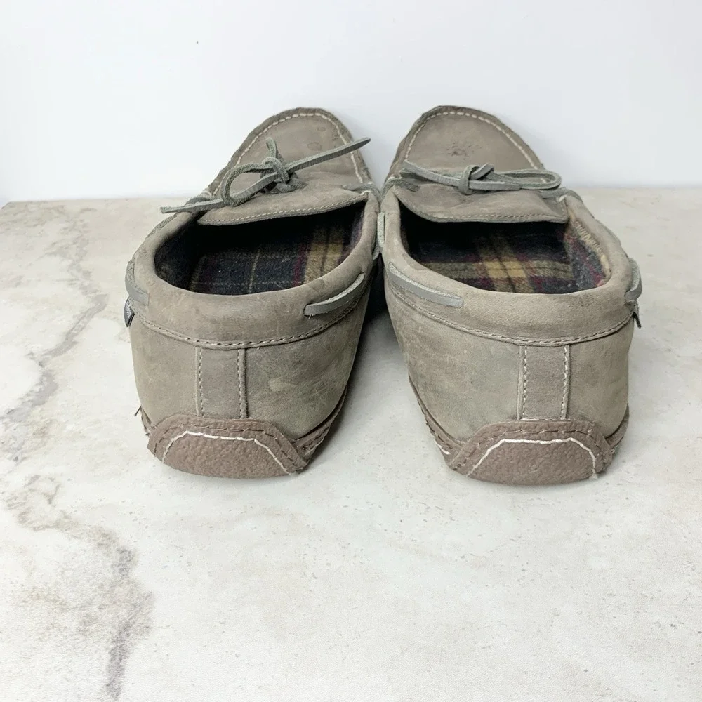 LL Bean Slippers Men Size 13 Shoes Gray Leather Flannel Lined Moccasins Slip On